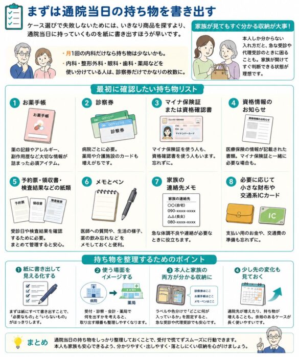 alt="高齢者の通院当日に必要なお薬手帳、診察券、マイナ保険証、予約票などの持ち物をまとめたチェックリスト図解"