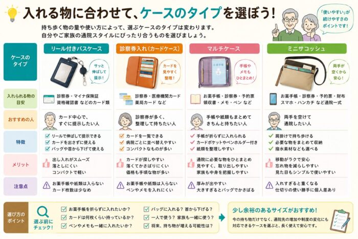 alt="入れる物に合わせてリール付きパスケース、診察券入れ、マルチケース、ミニサコッシュの選び方を比較した図解"
