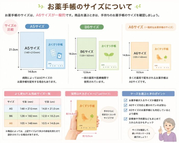 alt="一般的なお薬手帳のA6サイズや、A5・B6サイズの寸法を比較し、お薬手帳ケース選びで確認したいサイズをまとめた図解"