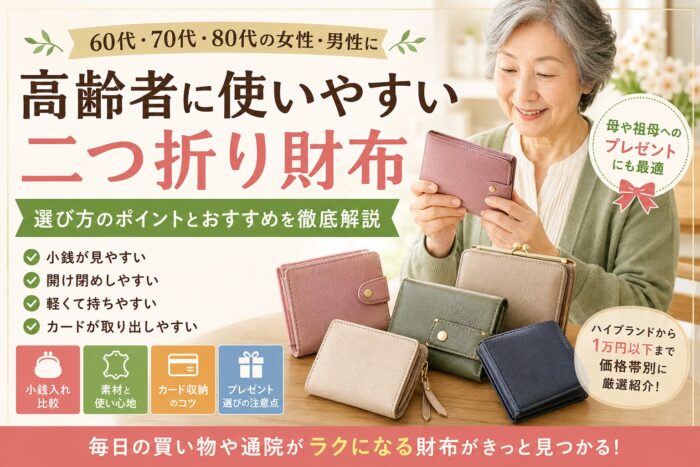 高齢者に使いやすい二つ折り財布の選び方を紹介するアイキャッチ画像。女性が財布を手に取り、複数の財布を比較している様子。