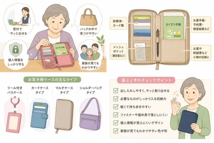 alt="リール付きパスケース、カードケース、マルチケース、ショルダーバッグなど高齢者向けお薬手帳ケースの選び方を解説した図解"