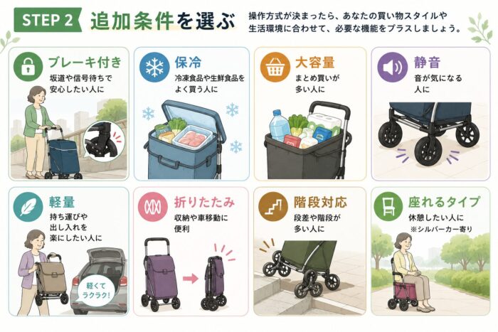 高齢者向けショッピングカートに付いていると便利な追加機能を、ブレーキ付き・保冷・大容量・静音・軽量・折りたたみ・階段対応・座れるタイプで比較したインフォグラフィック