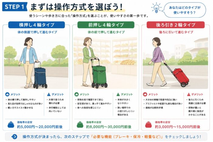 横押し4輪・前押し4輪・後ろ引き2輪の違いを比較し、高齢者に合うショッピングカートの選び方を示した図