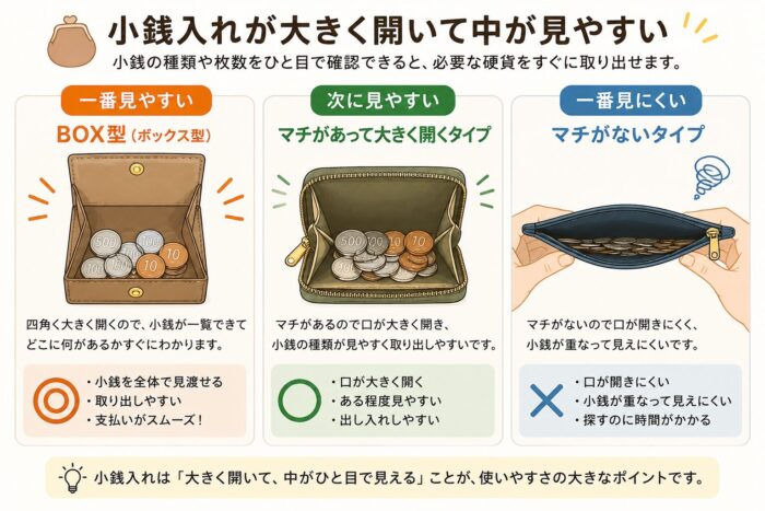 高齢者に使いやすい財布の小銭入れを、BOX型、マチ付きで大きく開くタイプ、マチがないタイプで比較したインフォグラフィック。