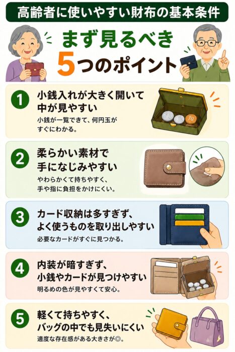 高齢者に使いやすい財布を選ぶ5つのポイントとして、小銭入れの見やすさ、柔らかい素材、カードの取り出しやすさ、内装色、持ちやすいサイズをまとめたインフォグラフィック。