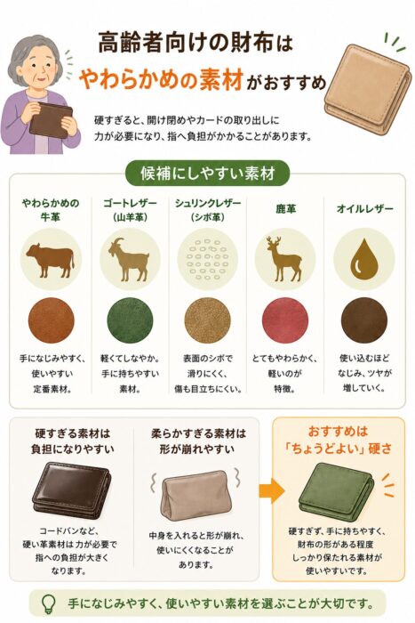 高齢者に使いやすい財布の素材として、やわらかめの牛革、ゴートレザー、シュリンクレザー、鹿革、オイルレザーを比較し、硬すぎない素材の選び方をまとめたインフォグラフィック。