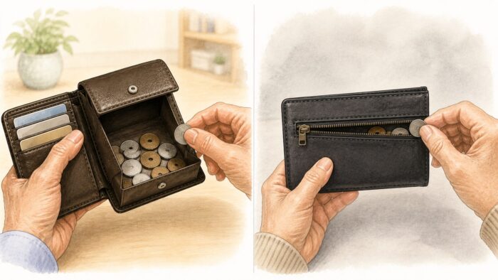 80代男性に使いやすいBOX型小銭入れ付き財布と、硬貨を取り出しにくい横ファスナー小銭入れを比較したイラスト