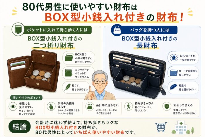 80代男性に使いやすい財布として、ポケット派にはBOX型小銭入れ付き二つ折り財布、バッグ派にはBOX型小銭入れ付き長財布を紹介した図