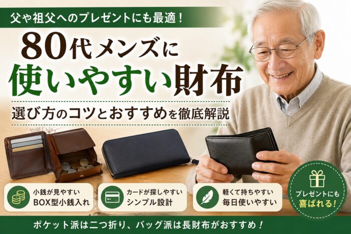 80代男性に使いやすいメンズ財布の選び方として、二つ折り財布や長財布、小銭の見やすさを紹介したアイキャッチ画像