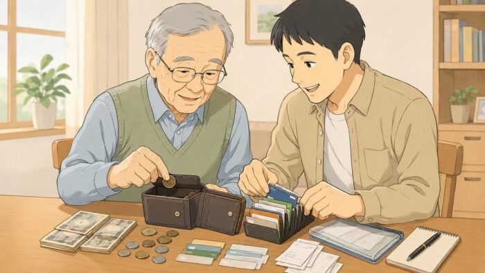 80代男性に財布を贈ったあと、家族が一緒にカードやレシートを整理して使いやすくしているイラスト