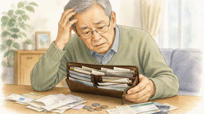 カードやレシートが長財布に多く入りすぎて、80代男性が中身を探しにくそうにしているイラスト