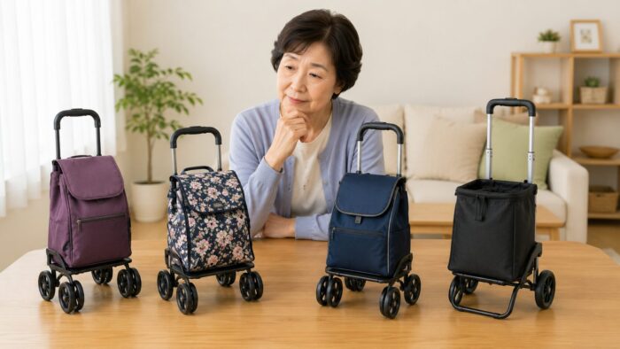 複数のショッピングカートを前にして、自分に合うタイプを選ぼうと考える日本人の高齢女性