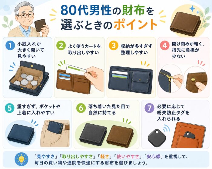 80代男性に使いやすい財布の選び方として、小銭の見やすさ、カードの取り出しやすさ、軽さ、紛失防止をまとめた図
