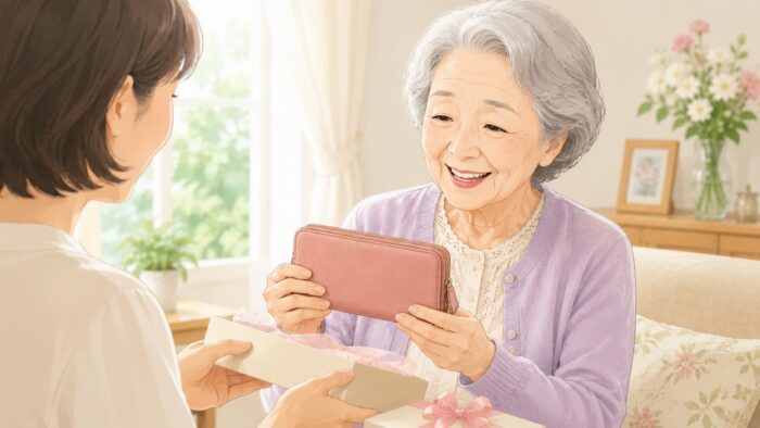 家族からピンクの長財布をプレゼントされ、笑顔で喜ぶ80代の日本人女性のイラスト