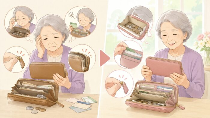 80代女性に使いやすいレディース財布として、小さめ長財布やがま口財布を見比べる高齢女性のアイキャッチ画像
