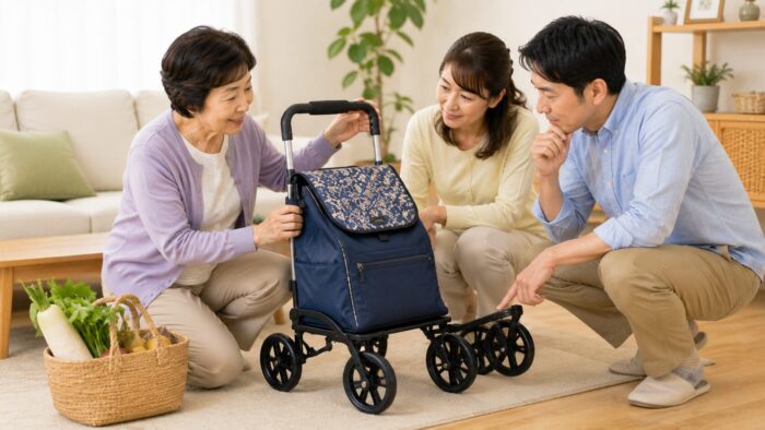 ショッピングカートの高さや車輪を確認しながら購入前の注意点をチェックする日本人家族