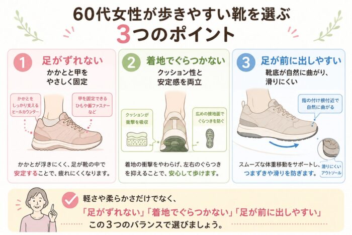 60代女性が歩きやすい靴を選ぶポイントとして、足がずれない・着地でぐらつかない・足が前に出しやすいの3条件を示した図