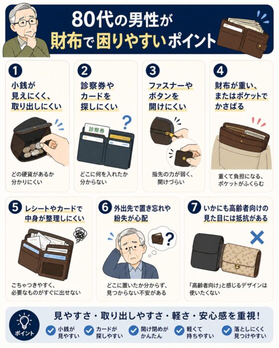80代男性に使いやすい財布を選ぶために、小銭の見やすさやカードの探しやすさなどの困りごとを解説した図