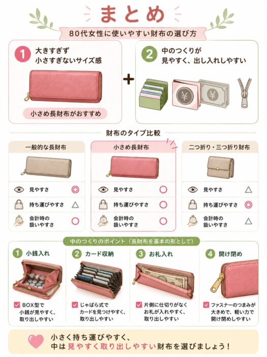 80代女性に使いやすい財布の選び方として、小さめ長財布とBOX型小銭入れ、じゃばら式カード収納、片側に仕切りのないお札入れ、大きなファスナーつまみを紹介した図