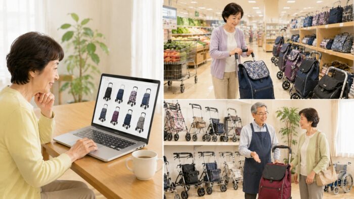 通販サイトや実店舗、福祉用具店でショッピングカートを比較する購入場所のイメージ