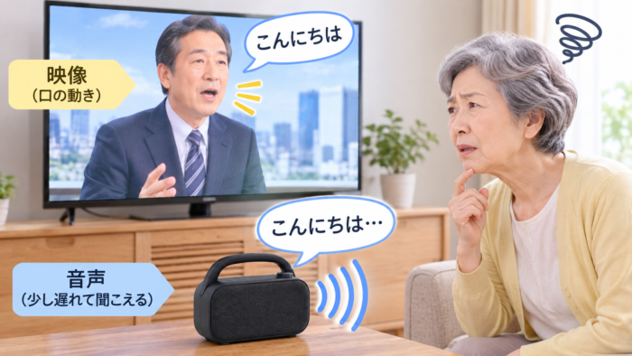 テレビ映像よりBluetoothスピーカーの音声が遅れて聞こえる音ズレのイメージ