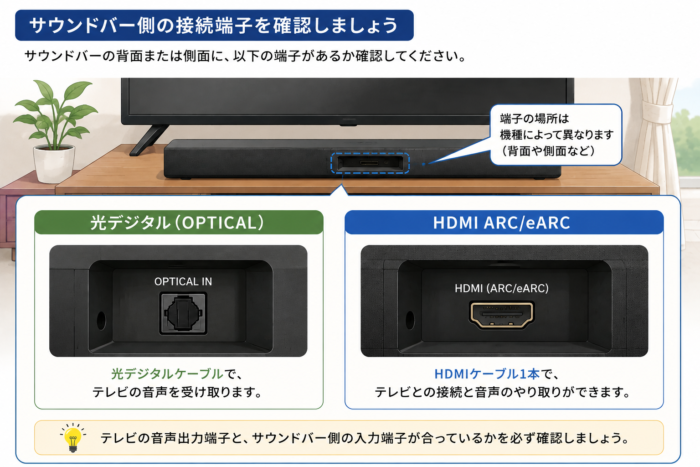 サウンドバー側のHDMI ARC・eARC端子と光デジタル入力端子を確認する図