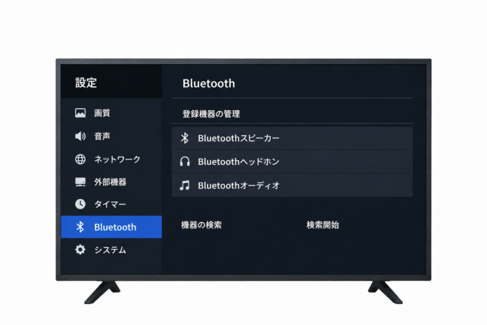 テレビの設定画面でBluetoothスピーカー・ヘッドホン・オーディオ機器の項目を確認するイメージ
