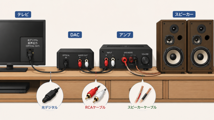 テレビの光デジタル音声をDACで変換し、アンプを経由してパッシブスピーカーへ接続する図