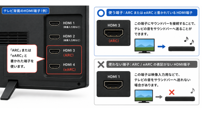 テレビ背面の複数あるHDMI端子からARC・eARC対応端子を確認する図