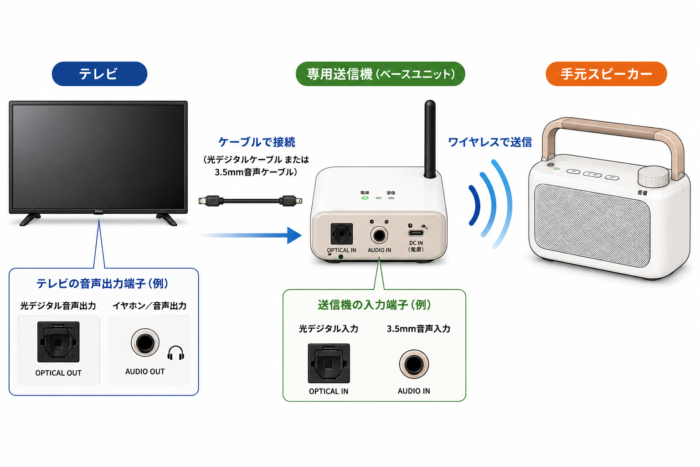 テレビの音声出力端子から専用送信機へ接続し、ワイヤレスで手元スピーカーに音を送る仕組み