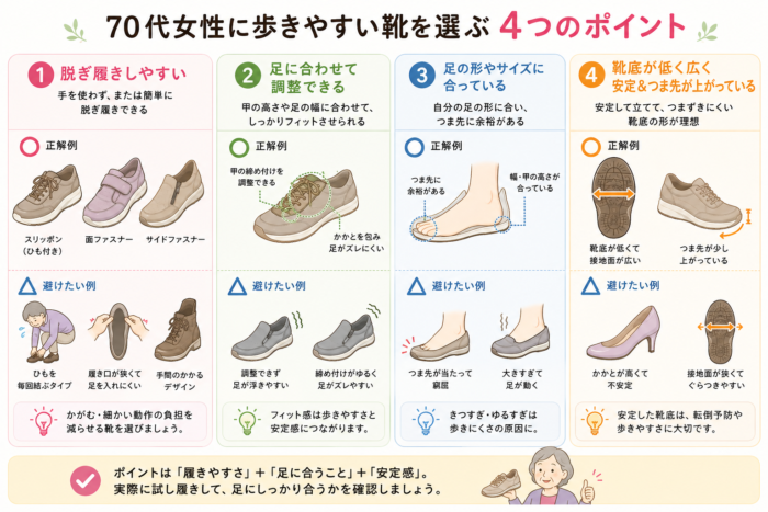 70代女性が歩きやすい靴を選ぶ4つのポイントを、履きやすく調整できる靴の正解例と避けたい靴の例で比較した図