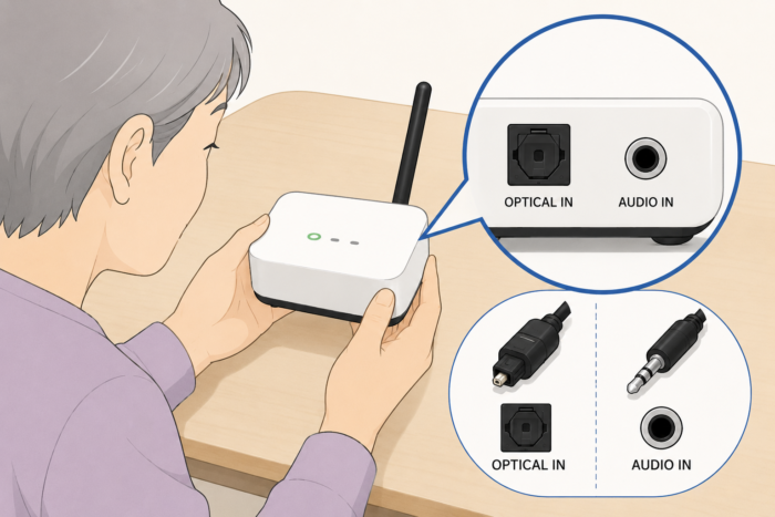 手元スピーカーの送信機に光デジタル入力と3.5mm音声入力があるか確認する様子