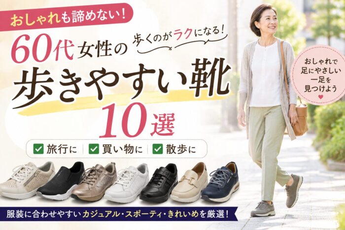 歩きやすい靴を履いて街を歩く60代女性と、カジュアル・スポーティ・きれいめな靴10選を紹介するアイキャッチ画像