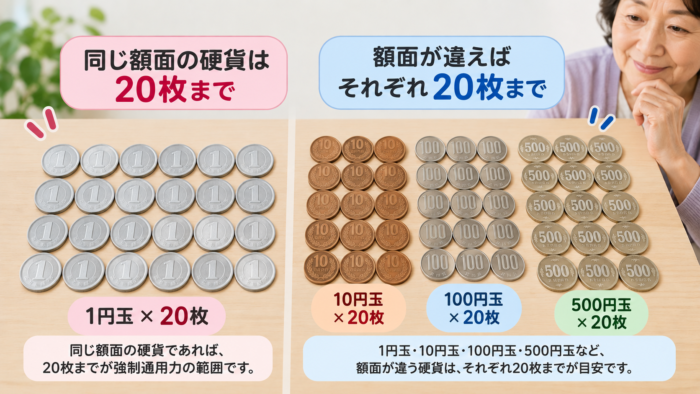 同じ額面の硬貨は20枚までで、額面が違えばそれぞれ20枚まで使えることを示した図