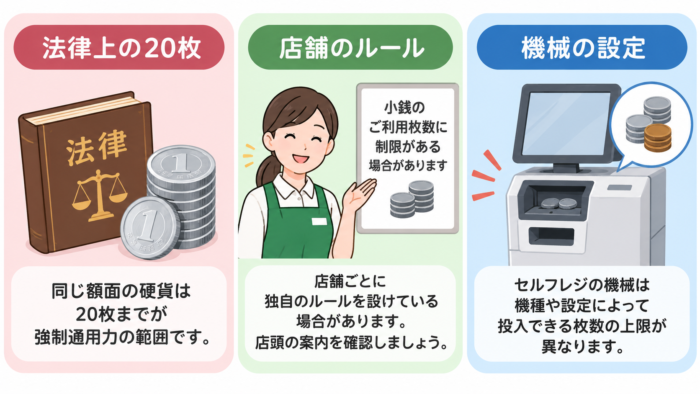 セルフレジの小銭について、法律上の20枚、店舗ルール、機械の設定がそれぞれ別であることを示した図