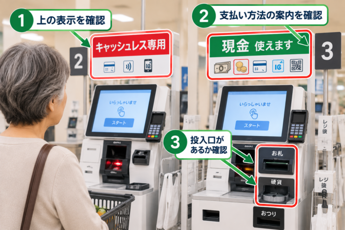 セルフレジで現金が使えるかを案内表示や支払い方法、紙幣・硬貨投入口から見分ける方法