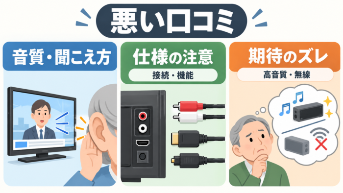 ミライスピーカーの悪い口コミを3つの理由に分けた図