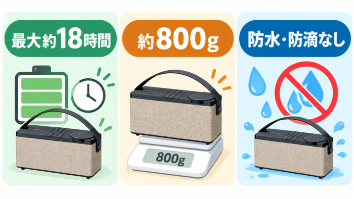 Carryに近い手元スピーカーの使用時間と重さ、防水非対応を示す図