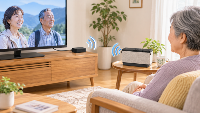 テレビ音声を手元のワイヤレススピーカーで聞く使用イメージ