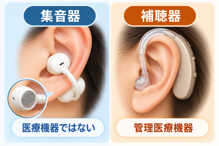 ミライスピーカーEarと補聴器の分類の違いを示す図
