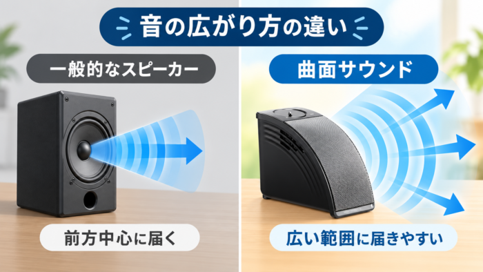 一般的なスピーカーと曲面サウンドの音の広がり方の違い
