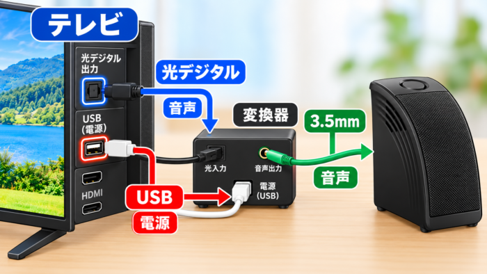 イヤホンジャックがないテレビとMiniを変換器で接続する流れ