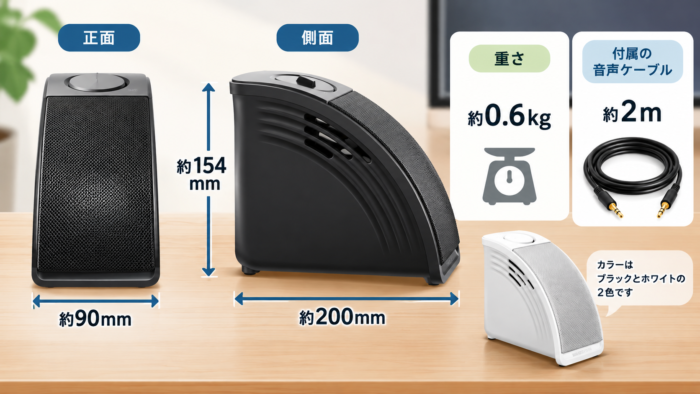 MIRAI SPEAKER Miniのサイズと2m音声ケーブル