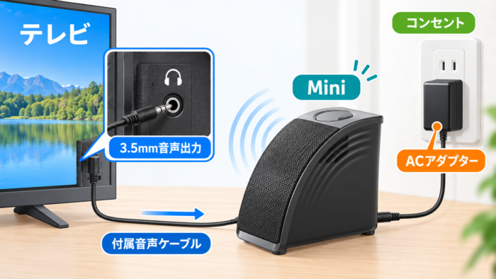 テレビの3.5mm音声出力とMIRAI SPEAKER Miniの接続図