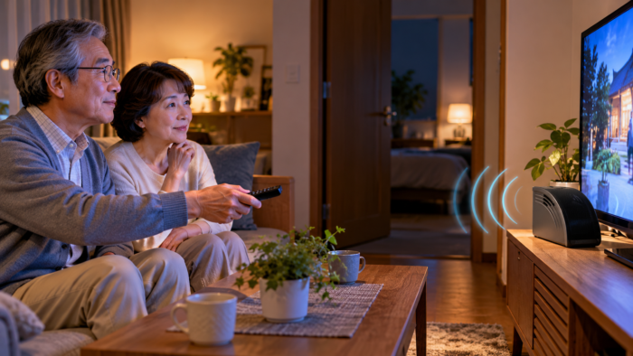 夜間にミライスピーカーの音量を確認するシニア夫婦