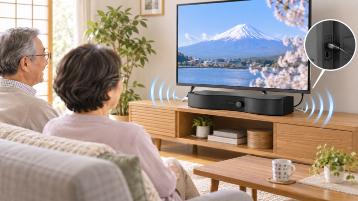 テレビ前のステレオ型スピーカーでテレビを見る使用イメージ