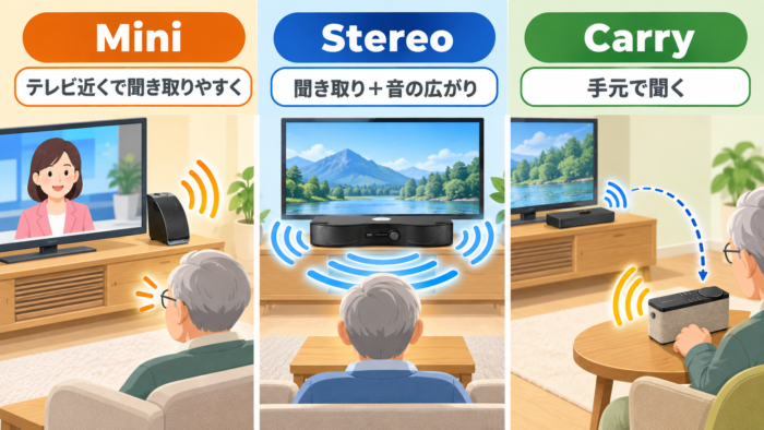 ミライスピーカーMini・Stereo・Carryの役割の違いを示す図