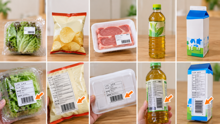食品や飲料などの商品パッケージにあるバーコードの位置例