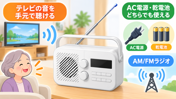 400-SP131のワイヤレス・AC電源と乾電池・ラジオ機能を示す図