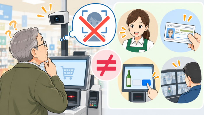セルフレジのカメラだけで年齢を自動判定しているとは限らず、店員確認や身分証など複数の年齢確認方法があることを示した図